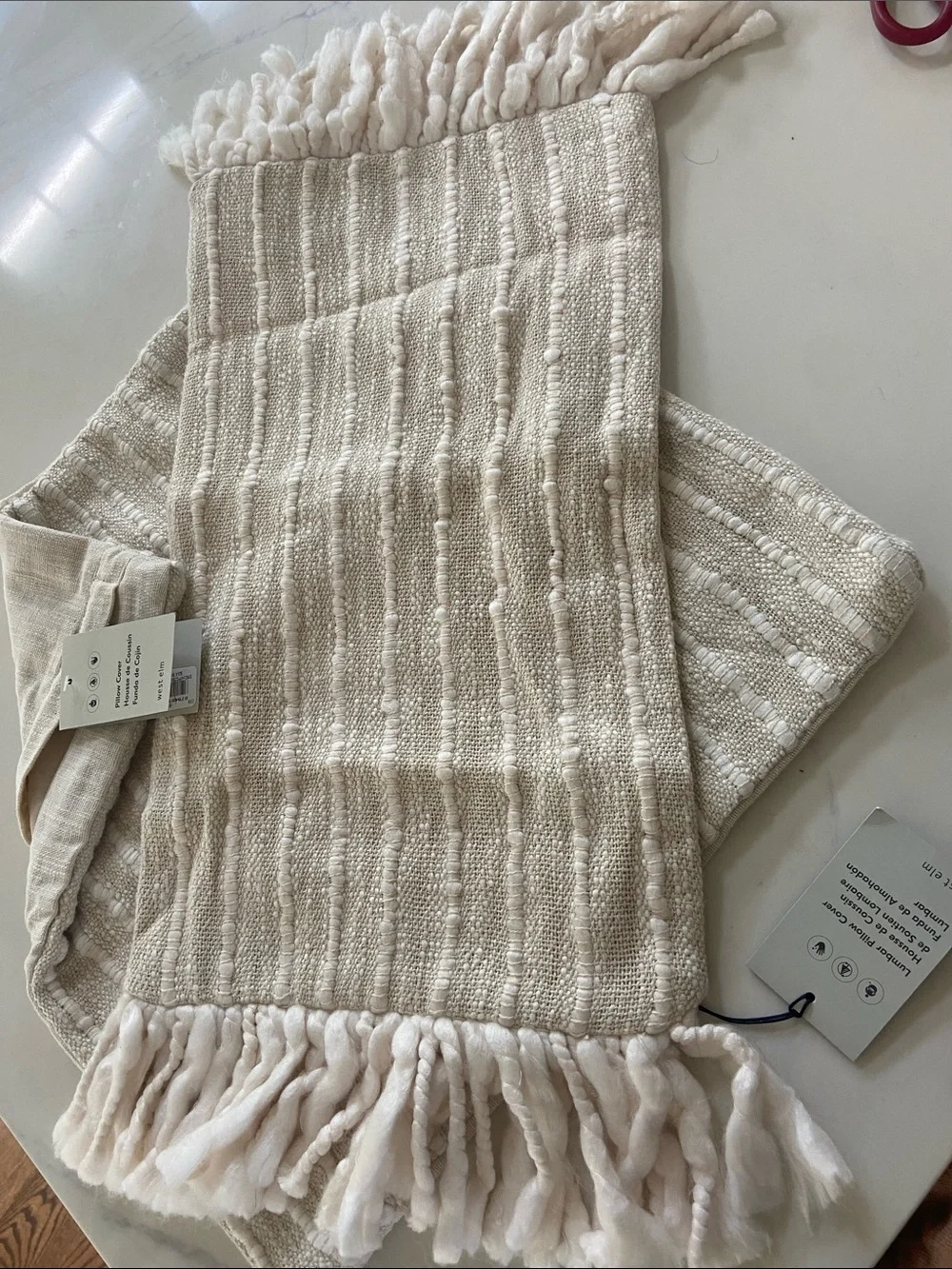 West Elm Cream Textured Woven Fringe pillow covers x2